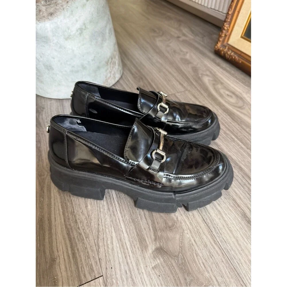 Steve Madden Black Patent Chunky Lug Sole Loafers Horsebit Size 8 preppy